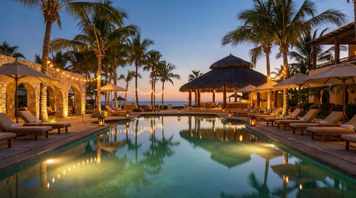 Upscale resort pool at dusk