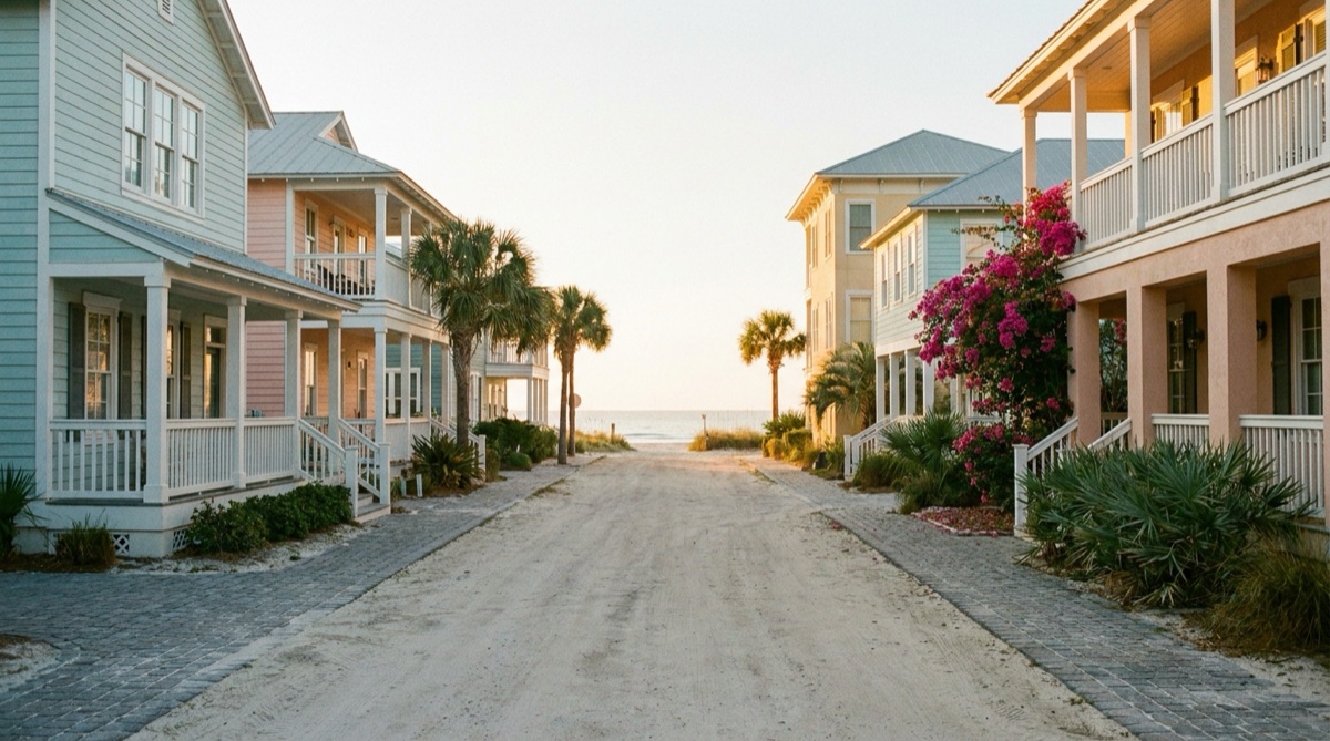 Beach town street with vacation homes in morning light