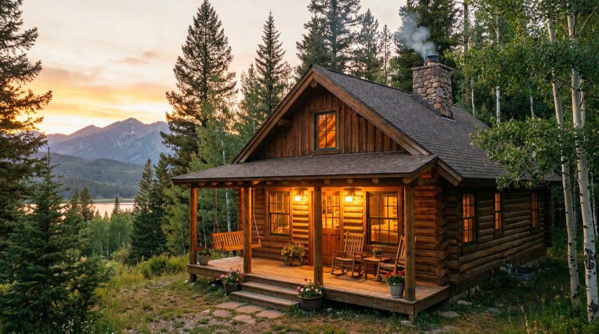 Cozy mountain cabin vacation rental at golden hour